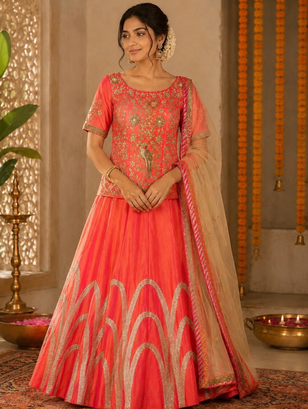 Hand Stitched Coral Pink Lehenga with Gold Embellished Peacock Embroidery